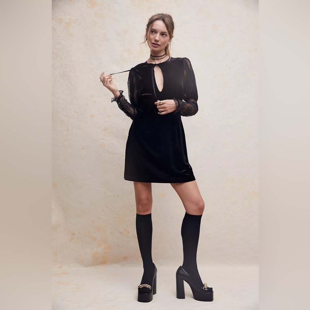 - Free People Midnight Hour Lace Velvet Black Dress